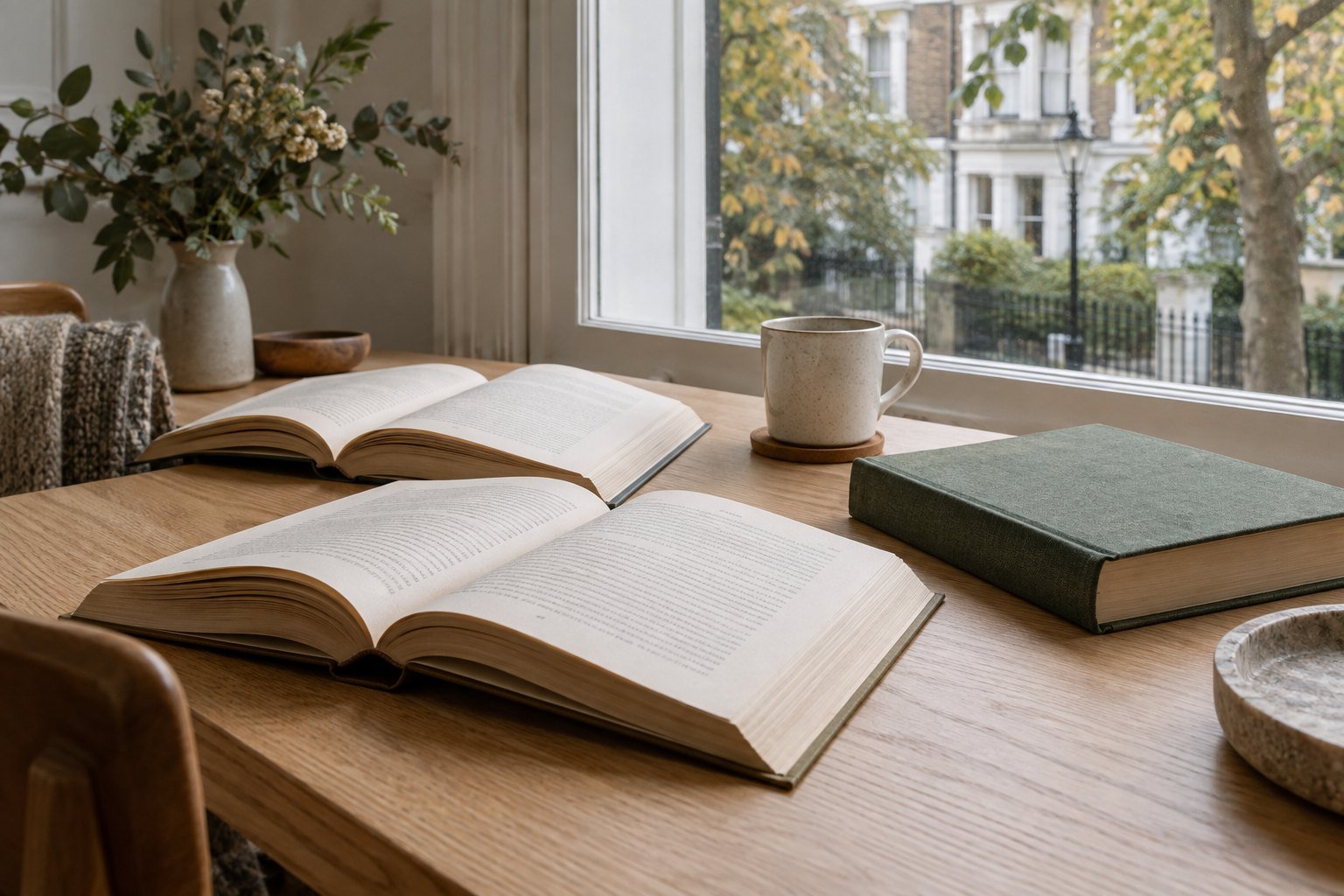 Open books on a table beside a window