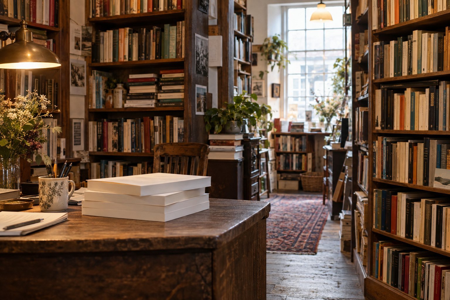 Independent bookshop with shelves and proof copies