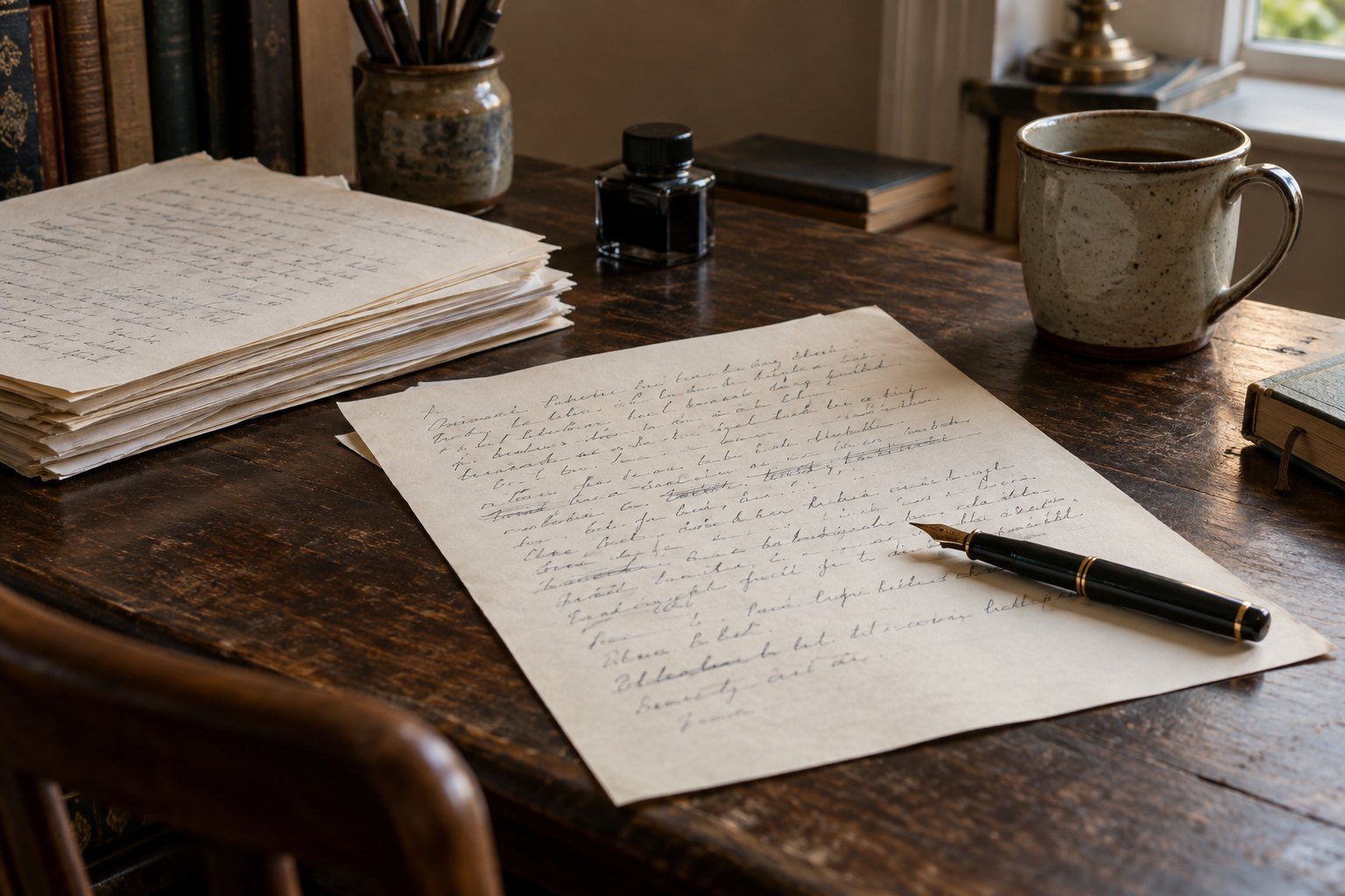 Handwritten draft pages and fountain pen