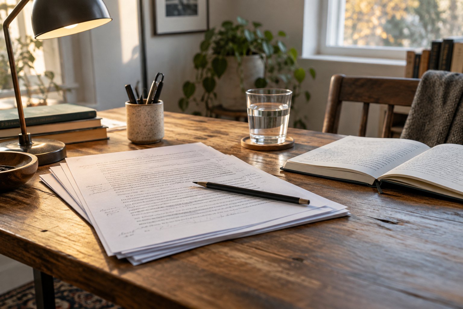 Manuscript pages and a notebook on a writer’s desk