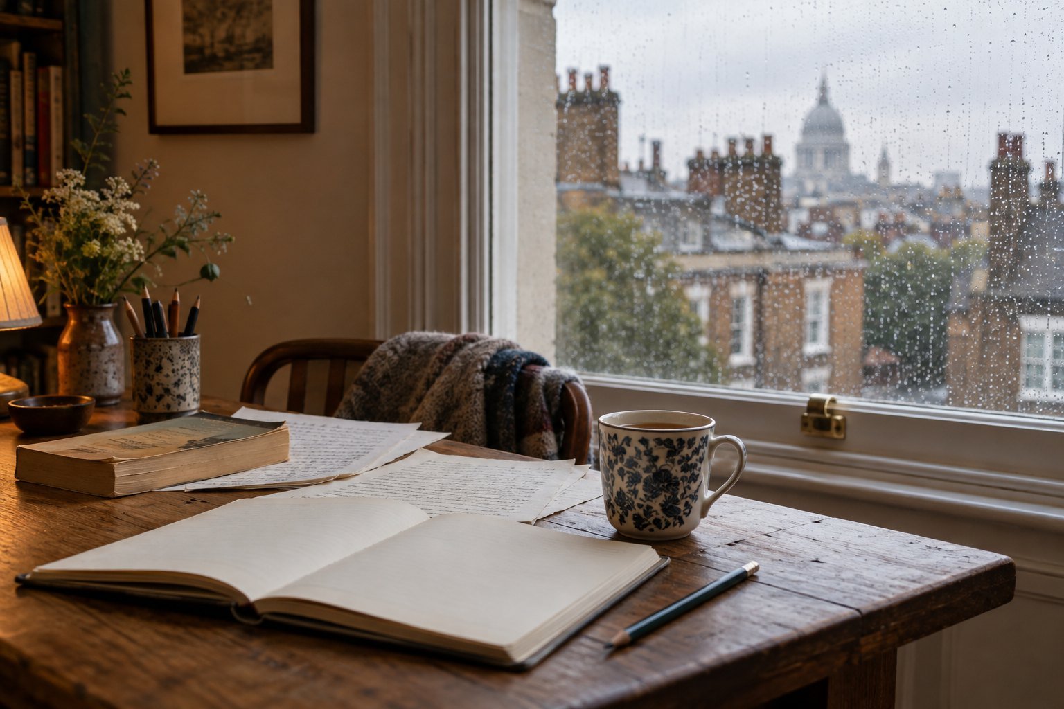 A writer’s notebook and tea by a London window