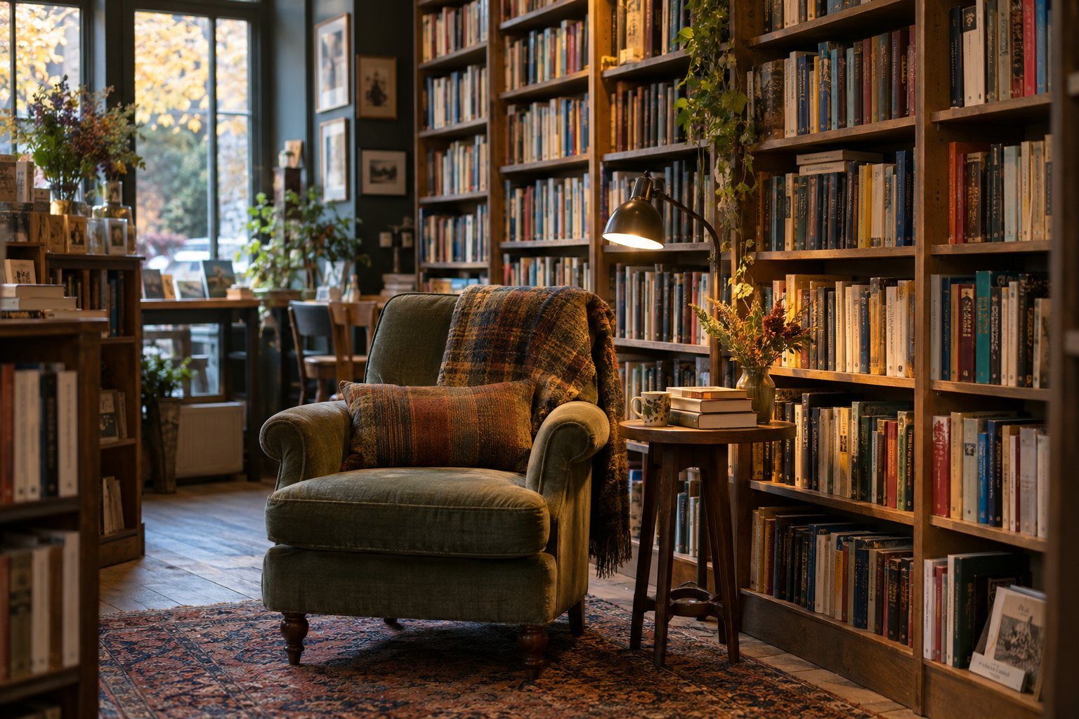 A quiet reading corner lined with books